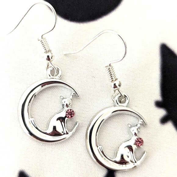 Cat Crescent Moon Earrings  - Picture 3 of 4